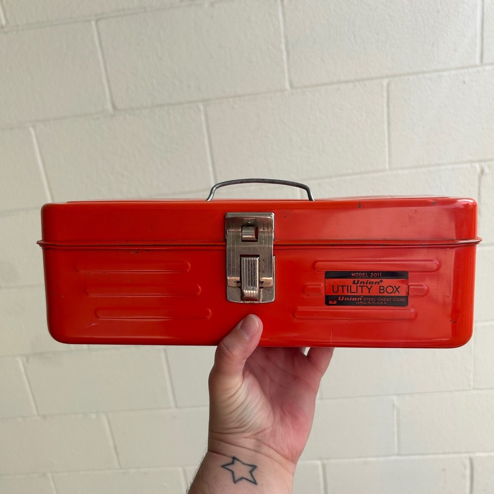 Vintage Bright Orange Union Steel Utility Box Tool Box Metal Tackle Box